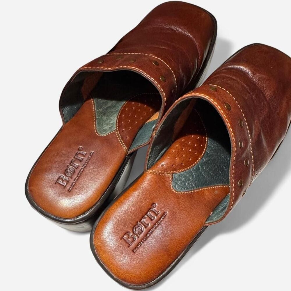 Børn Brown Genuine Leather Clog Mules Brass Stud Comfort Shoes - Picture 4 of 6